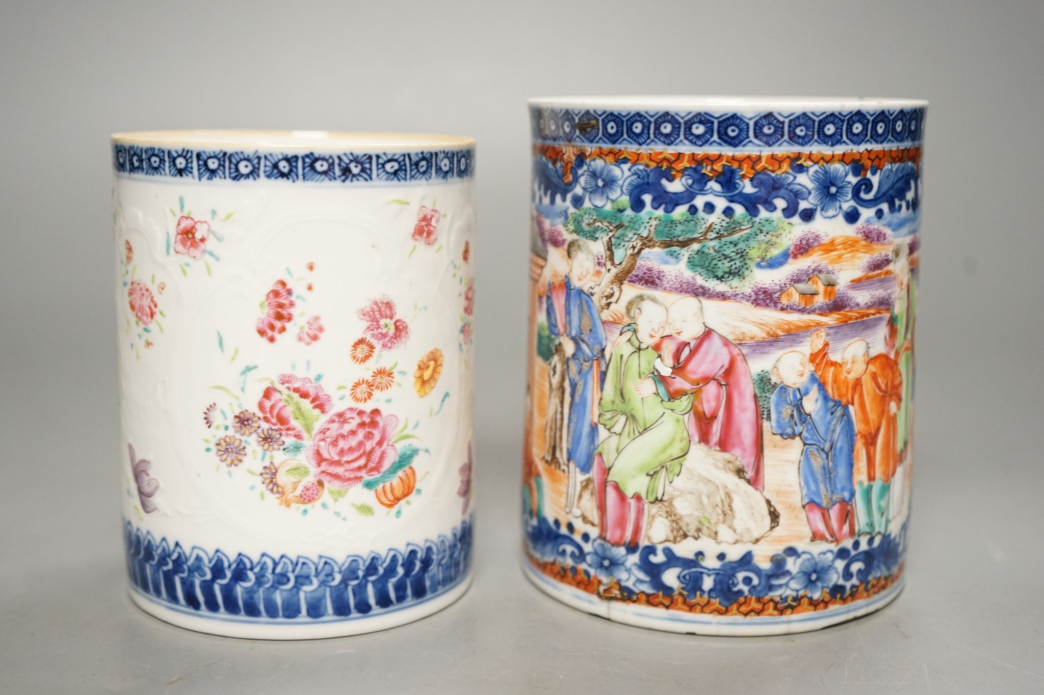 Two 18th century Chinese export famille rose mugs 13cm